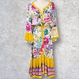Aratta Silent Journey Ibiza Shirt Dress Medium White Floral Bell Sleeves Boho - Picture 1 of 17