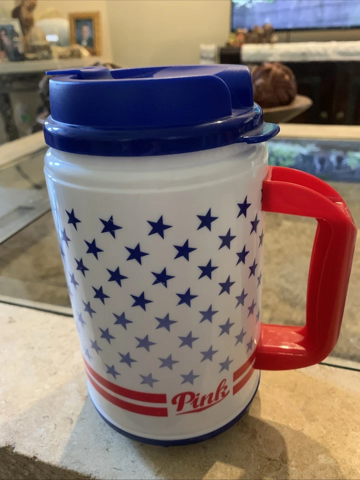 Victoria's Secret Pink Water Bottle Chug Mug Americana Red White Blue Flag 24 oz - Image 1 of 4