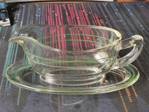 Vintage Pyrex Clear Glass With Green Stripes Gravy Boat & Saucer- Retro- Good - Picture 1 of 19