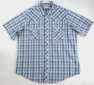 Wrangler Wrancher Hemd Herren XL blau weiß Perlen Druckknopf Kurzarm kariert Taschen - Bild 1 von 8