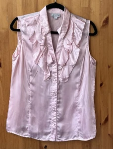 Tahari Women's Pink Satin Sleeveless V-Neck Ruffle Blouse - Size L - Picture 1 of 3