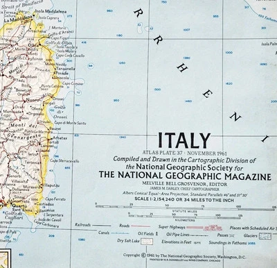 1961 Italy Map National Geographic Europe Sardinia Sicily Vintage 24.5 x 19" E6A - Image 1 of 3