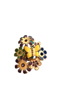 Vintage Enamel Crystal Flower Butterfly Stretch Ring - Picture 1 of 5