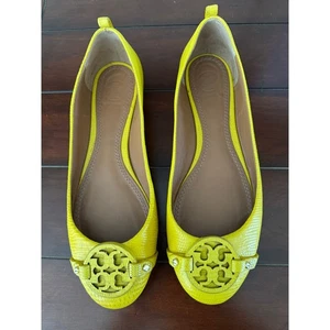 Tory Burch Abby Ballet Pisos Amarillo Cuero Caído Para Mujer’s 8M Logo Puntera Usado en Excelente Condición - Imagen 1 de 10