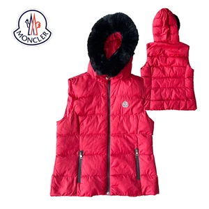 MONCLER Down Vest Red Puffer Black Fur Hood - Picture 1 of 12