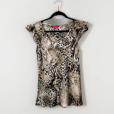 Sunny Leigh Blouse Top Satin Ruffled Cap Sleeve Animal Print Size PL - Image 1 of 4