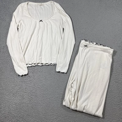 Abercrombie & Fitch Lounge Sleep Pajama SET Ivory Pointelle Pants Top Bow L & XL - Image 1 of 4