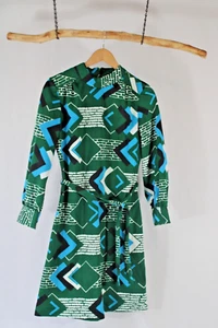 Joan Curtis Retro 1970s Green & Blue Pattern Long Sleeve Belted Mini Go Go Dress - Picture 1 of 9