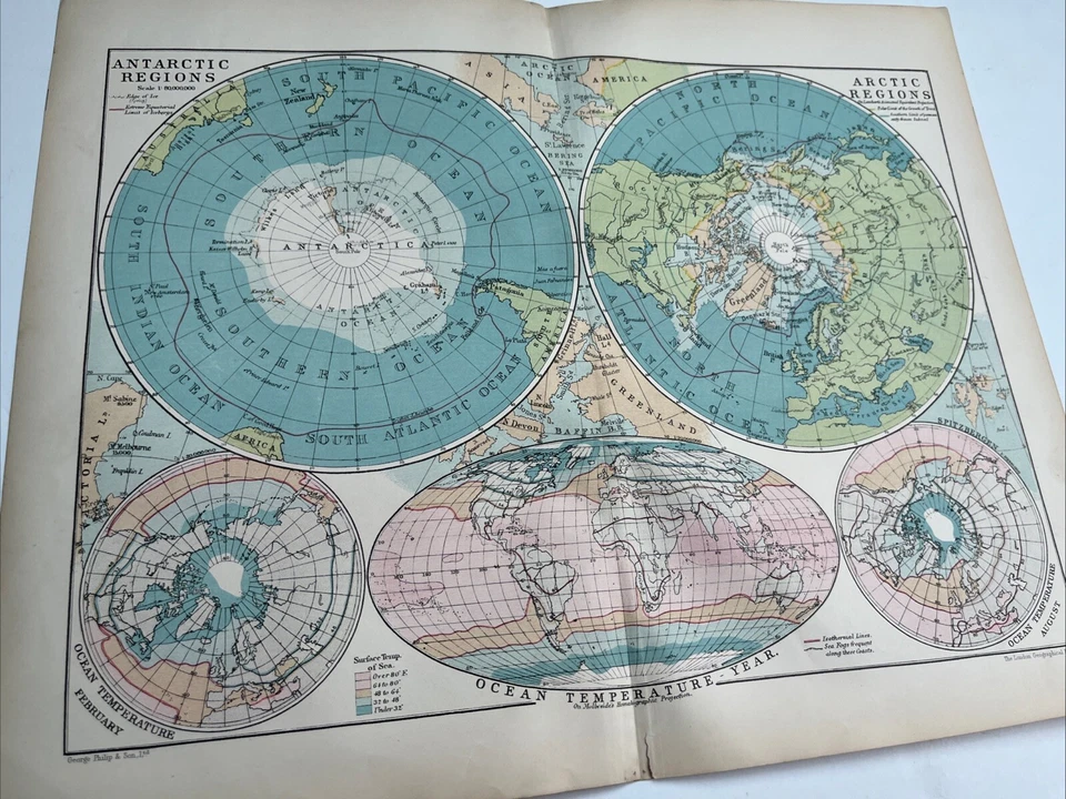 1910: Mapa de las regiones árticas antárticas región temperatura del océano impresión PSA #4A C Foto 1 de 4
