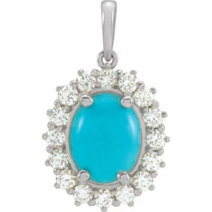 14K White Natural Turquoise & 1/2 CTW Natural Diamond Halo-Style Pendant - Picture 1 of 2