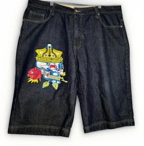 Ed Hardy Shorts Men 42 Blue Skull Crown Rose Graphic Denim Street Casual Y2K - Picture 1 of 21