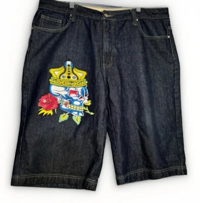 Pantalones Cortos Ed Hardy Hombres 42 Azul Calavera Corona Rosa Gráfico Denim Calle Informal Y2K Foto 1 de 4