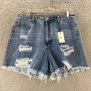 Forever 21 High Rise Relaxed Mom Shorts Womens 12 Blue Ripped 5 Pockets NEW