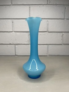 Vintage Opaline Blue Cased Art Glass Bud Vase Ruffled Top MCM Mid Century Retro - Picture 1 of 6
