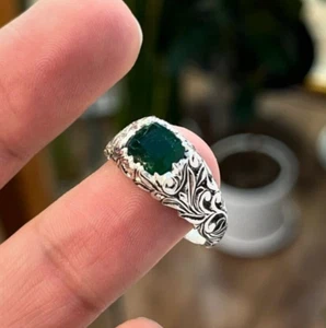 Original Emerald Cut Stone Swat Emerald Deep Green Color Zamurd Ring Engraved - Picture 1 of 5