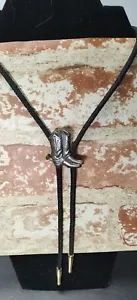 Western Style Bolo Rope Necktie-Boots with spurs-black and silver-Excellent - Picture 1 of 8