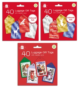 Etiquetas de regalo de equipaje de Navidad 40 DISEÑO ALEATORIO etiquetas de regalo atado y cordón plateado - Imagen 1 de 4
