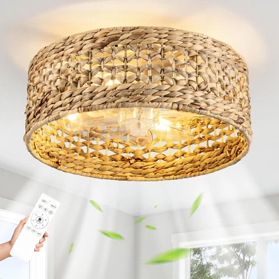 Handwoven Boho Ceiling Fan with Light,Rattan Caged Ceiling Fans with Lights and - Image 1 of 4