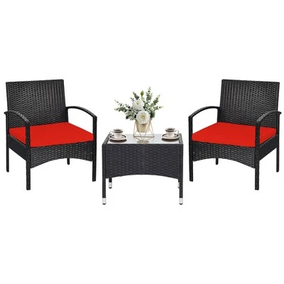 Conjunto de mesa lateral Patiojoy 3 peças cadeira almofadada pátio rattan conjunto bistrô clássico - Imagem 1 de 4