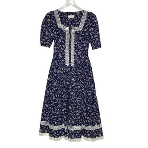 Gunne Sax S Vintage Lace Floral Print Short Sleeve Gunnie Dress Dark Blue *flaw - Picture 1 of 8
