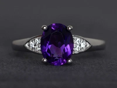 925 Sterling Silver Purple Amethyst Women Minimal Ring US Duty Free - Image 1 of 4