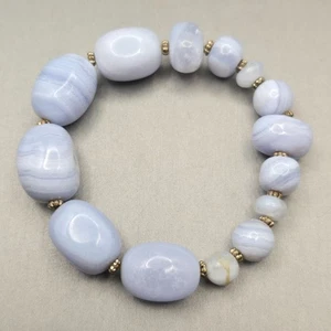 VTG Blue Lace Agate Chunky Stretch Bracelet Silver Tone Spacers Gemstone - Picture 1 of 12