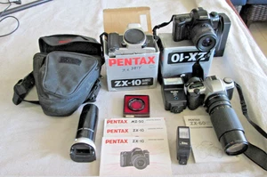 Lot 3 35mm Pentax Cameras ZX-10 silver ZX-10 Black ZX=30 +Misc +Flip - Picture 1 of 24
