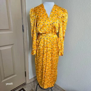 Vintage 80s Silk Akira Belted Dress, Size 8, Yellow Multi Union-made - Picture 1 of 9