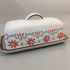 Pier One Butterdose rot blau weiß Steinzeug mit Deckel - Bild 1 von 5