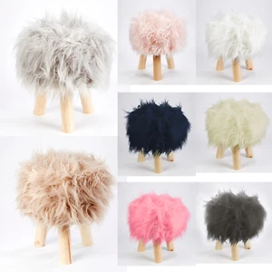 Mongolian Faux Fur Foot Stool Wooden Leg Pouffe Scandi Round Circular Footstools - Picture 1 of 17