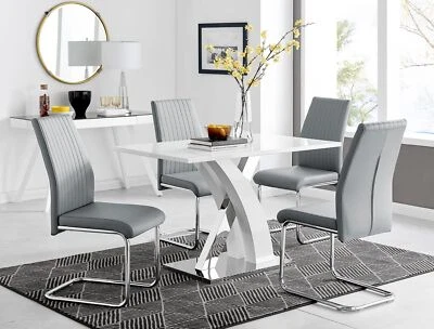ATLANTA 4 White High Gloss Chrome Dining Table and 4 Faux Leather Dining Chairs