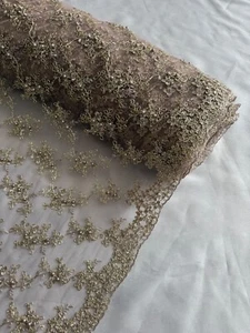 1 Mtr Champagne/Gold Embroided Pearl Beaded Scalloped Bridal lace Fabric 44”wide - Picture 1 of 10