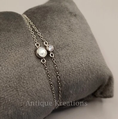 Double Chain Pear & Diamond Bracelet, Gold Bracelet, Pearl Bracelet For Her - Image 1 of 4