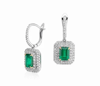 SOLID 18Kt 2 TONE GOLD NATURAL GORGEOUS GREEN EMERALD DIAMOND EARRING NEW DESIGN - Image 1 of 2