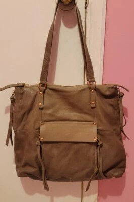 KOOBA SHOULDER HOBO TOTE HANDBAG SOFT TAUPE LEATHER GOLDEN ZIPPED EXPANDS STUDS - Image 1 of 4