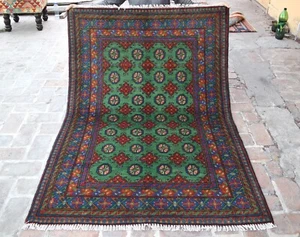 Geometric Afghan Tribal Bokhara Area Rug 4x6 Green Hand Knotted Wool Nomadic Rug - Picture 1 of 11