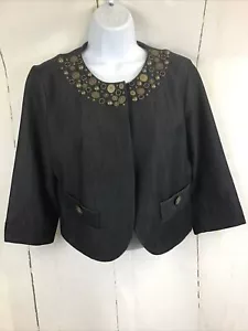 Ruby Rd. Petites Black Embellished One Top Button Cropped Blazer Jacket Sz. 8P - Picture 1 of 16