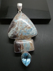 CHARLES ALBERT HUGE Aztec Lapis Gemstone & Topaz Sterling 925 Pendant 4.5" - Picture 1 of 11