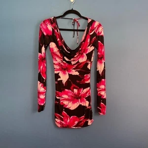 Y2K Caché Mini Dress Women's Size Small Cowl Neck Bodycon Floral Club Going Out - Picture 1 of 8
