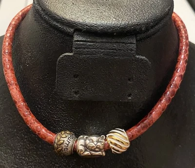 Brighton Signed Red Leather Reversible Cat Enamel Beaded Charm Choker Necklace - Image 1 of 4