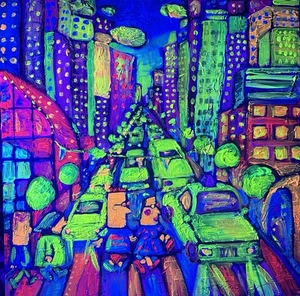 Pintura Luz Negra Los Turistas Viajeros Por MBollen Arte Original Nueva York - Imagen 1 de 4