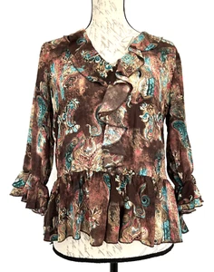 BELISSIMO Women's Brown Turquoise Multicolor Artsy Print Ruffle Blouse Size S - Picture 1 of 10