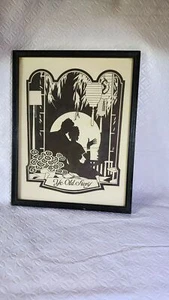 Vintage 1960er Silhouette Kunst "Ye Old Story" gerahmt 7,5" x 9,5" schwarzer Holzrahmen - Bild 1 von 6
