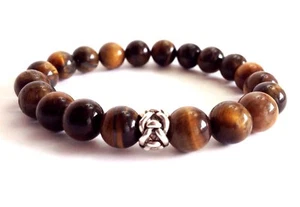 MENS NATURAL TIGER EYE 10MM GEMSTONE SILVER JEWELRY STRETCH BEADED BRACELET - Picture 1 of 2