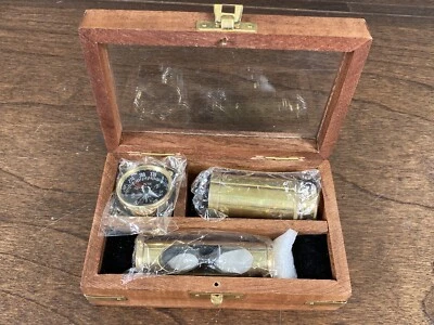 Nautical Brass Telescope, Compass, & Sand Timer Set In Wood & Glass Storage Box  - Image 1 of 4