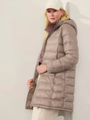 Parka acolchada Athleta M MEDIANA Aire con capucha, abrigo de plumón ligero topo pluma Foto 1 de 4