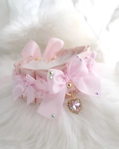 Champagne Baby Pink Bow kitten pet play collar choker necklace , white lace - Picture 1 of 3