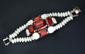 Milk Glass Red Rhinestone Link Bracelet Vintage Rare - Picture 1 of 11