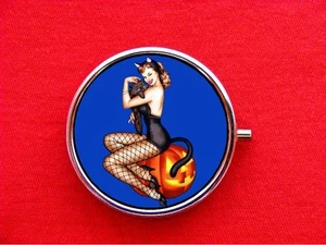 BLACK CAT PIN UP GIRL PUMPKIN RING TRINKET STASH ROUND MINT METAL PILL BOX CASE - Picture 1 of 2