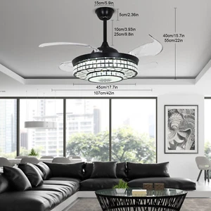 42" Retractable Ceiling Fan Light Bluetooth Music Speaker LED Chandelier 7 Color - Picture 1 of 12